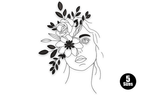 Floral woman line art embroidery, minimal three-quarter face with wavy hair and a rose-daisy cluster over the left eye.