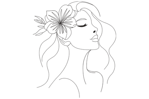 Floral woman line art embroidery design with continuous black thread outline of woman in profile, eyes closed, small flower cluster in hair, flowing hair strokes, minimalist fashion style.