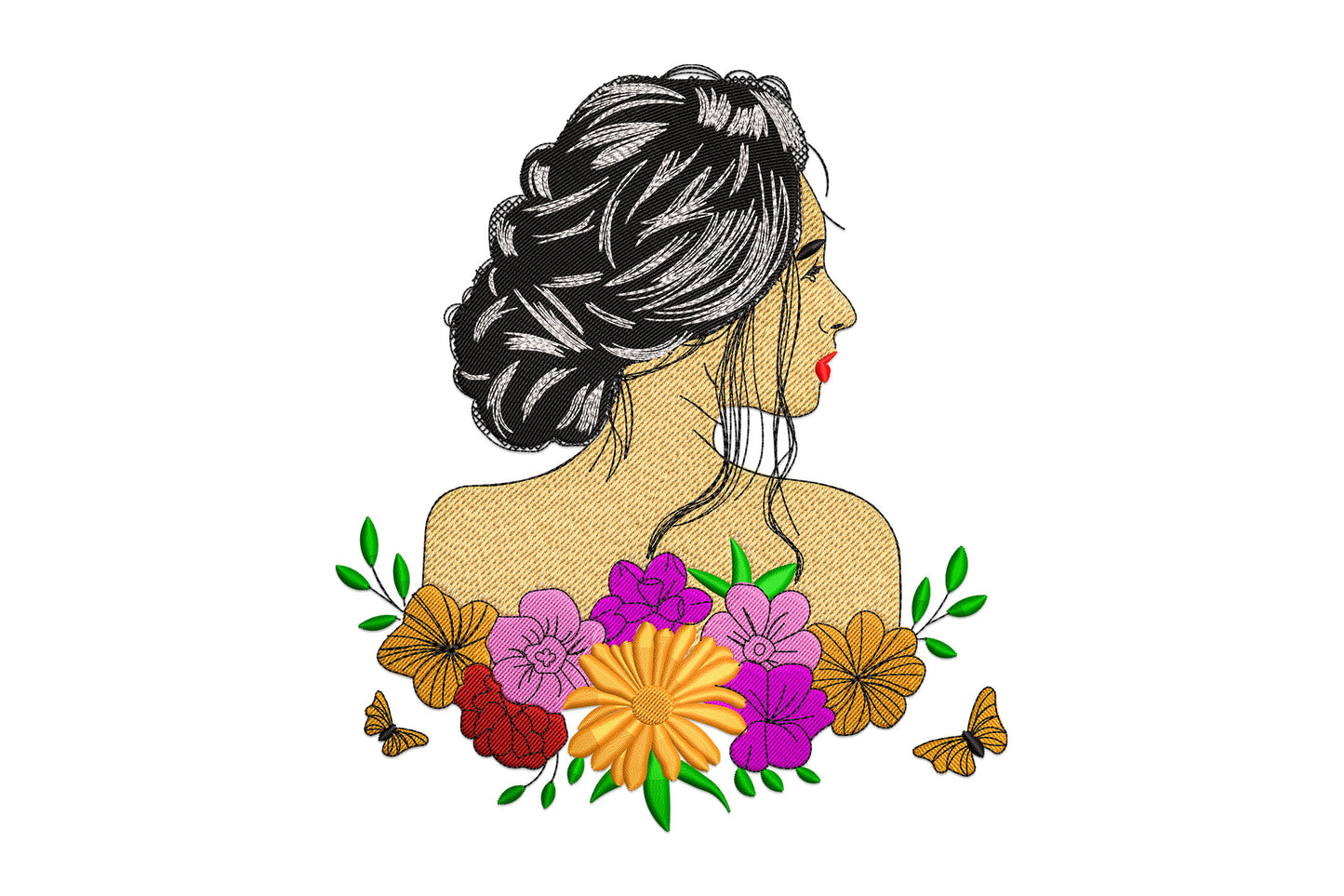 Floral woman silhouette embroidery design, woman from behind with braided updo and red lip, surrounded by colourful gold, magenta and red flowers with green leaves and small butterflies.