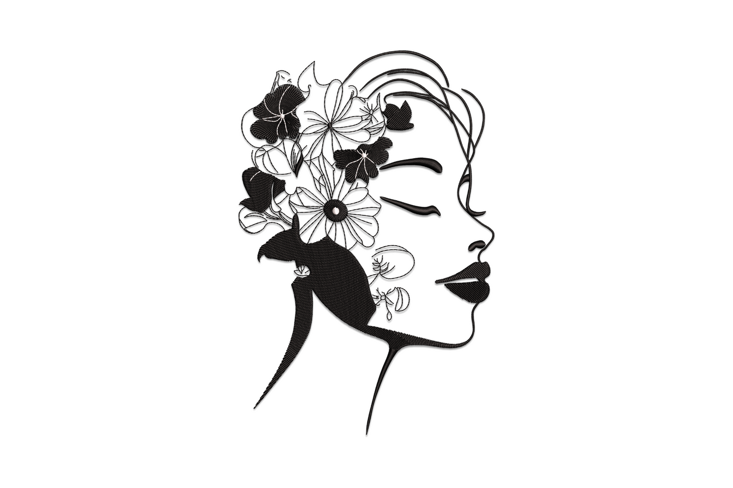 Profile silhouette of woman with white hibiscus flower crown stitched over solid black satin fill