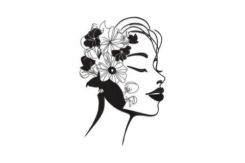 Profile silhouette of woman with white hibiscus flower crown stitched over solid black satin fill