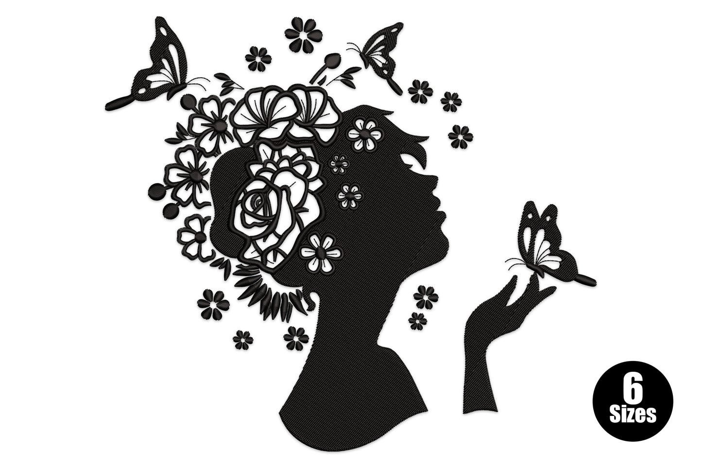 Floral woman silhouette embroidery in black, head with floral crown plus three butterflies and a hand catching one.