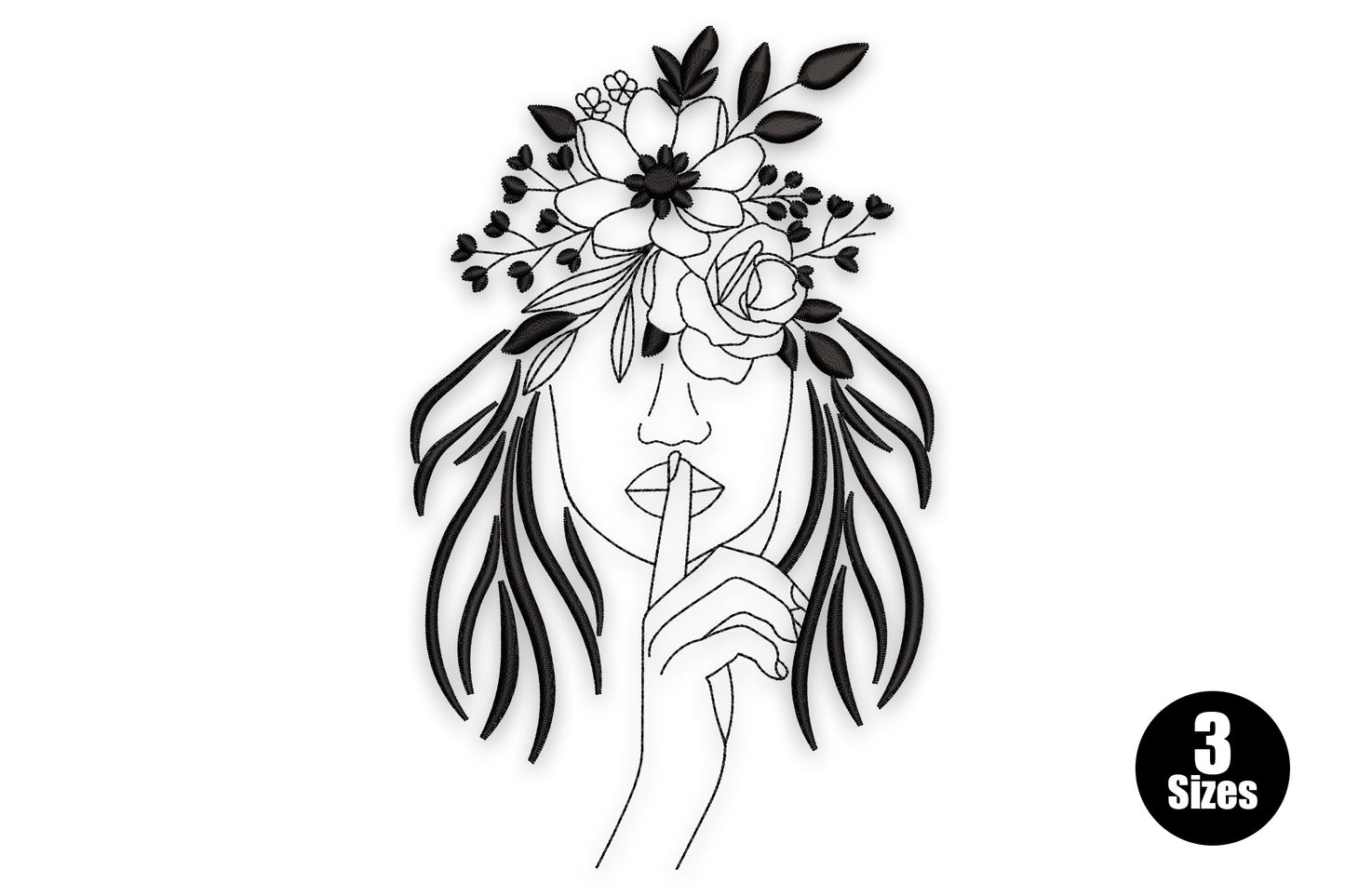 Floral woman shhh line art embroidery, front-facing woman with floral crown over eyes and finger raised to the lips.