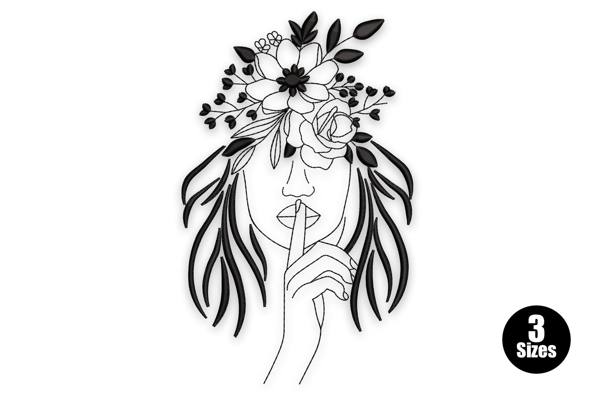Floral woman shhh line art embroidery, front-facing woman with floral crown over eyes and finger raised to the lips.