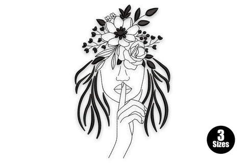 Floral woman shhh line art embroidery, front-facing woman with floral crown over eyes and finger raised to the lips.