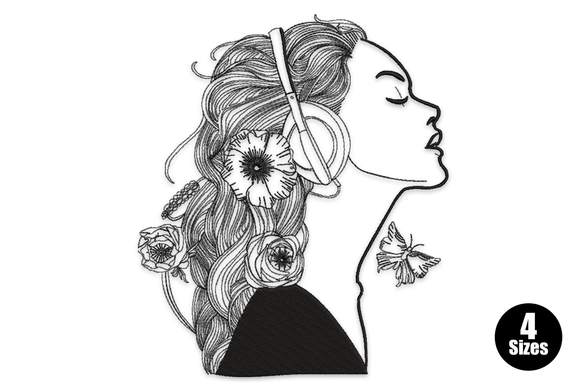 Line-art embroidery of a woman in side profile with long floral hair, over-ear headphones, and a small butterfly near the collarbone.
