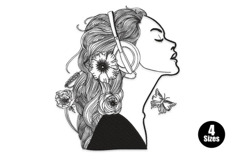 Line-art embroidery of a woman in side profile with long floral hair, over-ear headphones, and a small butterfly near the collarbone.