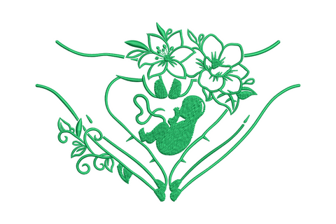 Floral womb with baby silhouette embroidery, heart-shaped womb with flowers and curled baby inside, green thread