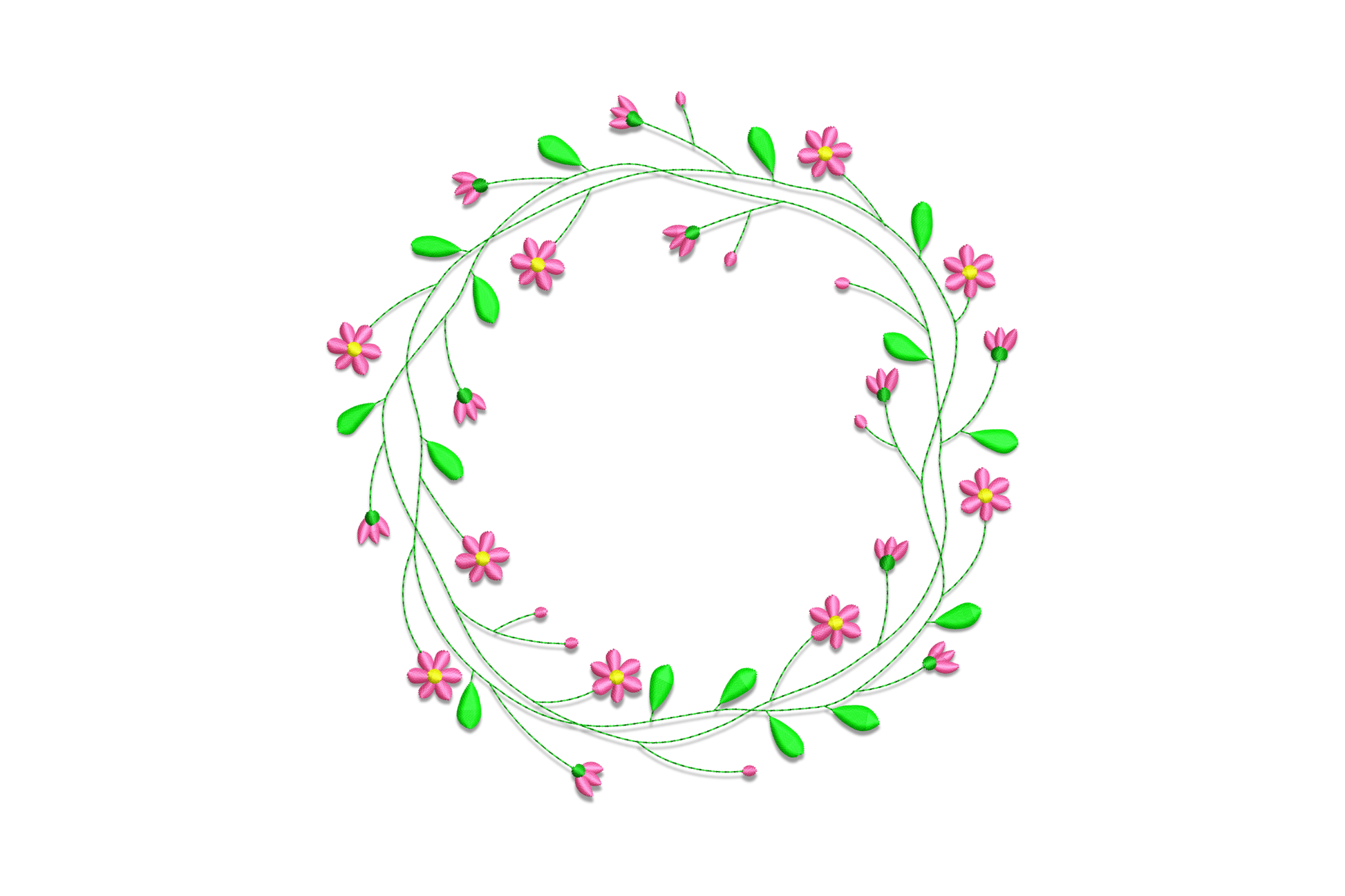 Floral wreath circle embroidery with triple vine, hot pink daisy blooms and yellow centres on white background