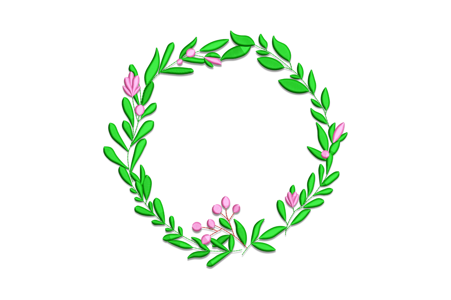 Floral wreath machine embroidery design with deep green leaves, pink blooms and berry cluster on white background