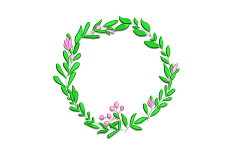 Floral wreath machine embroidery design with deep green leaves, pink blooms and berry cluster on white background