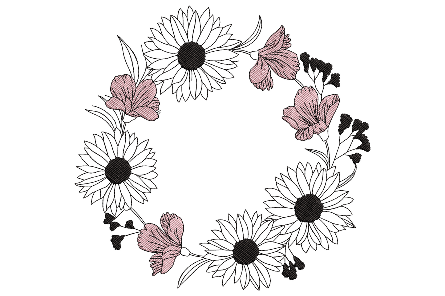Circular wreath frame embroidery in fine sage green line work with sketched roses, daisies, ferns, and buds chained around an empty monogram centre with mustard accent band.