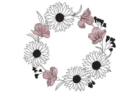 Circular wreath frame embroidery in fine sage green line work with sketched roses, daisies, ferns, and buds chained around an empty monogram centre with mustard accent band.