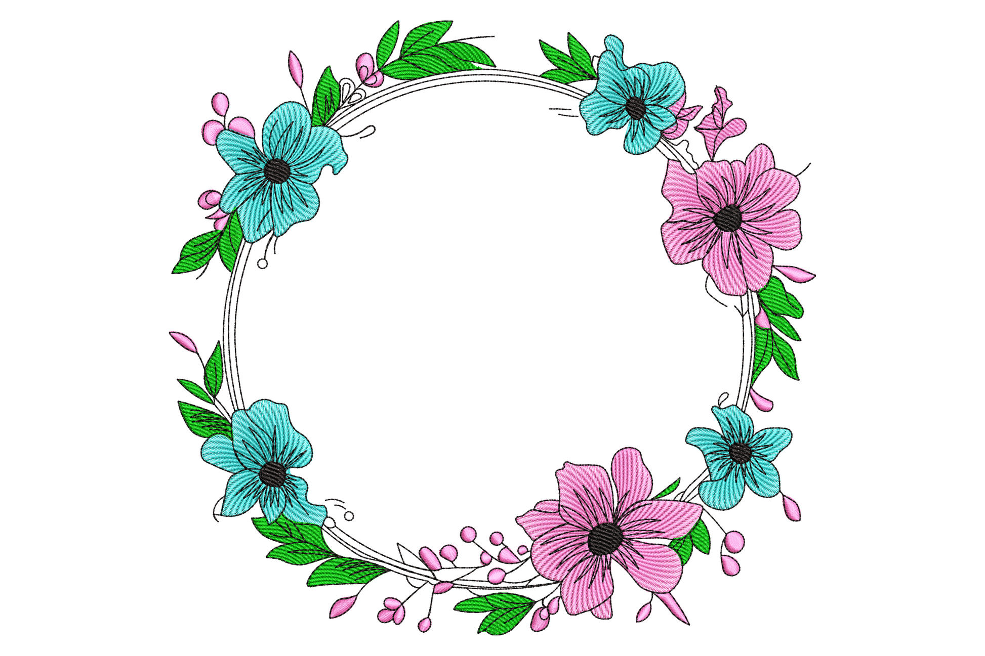 Floral wreath frame embroidery design with pink and teal blooms, green leaves and open centre for monograms.