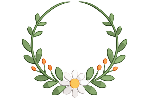 Floral wreath embroidery with green leafy branches, orange buds and a white daisy with yellow centre at the base.