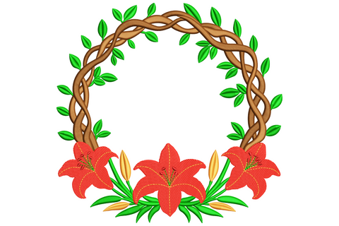 Floral wreath embroidery design with braided twig ring and coral pink lilies on green leaves