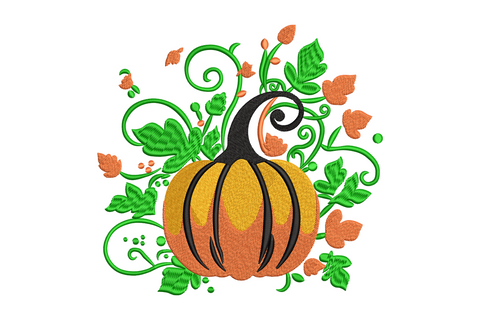 Pumpkin embroidery surrounded by swirling botanical vines, green leaves and orange flower buds filling the composition