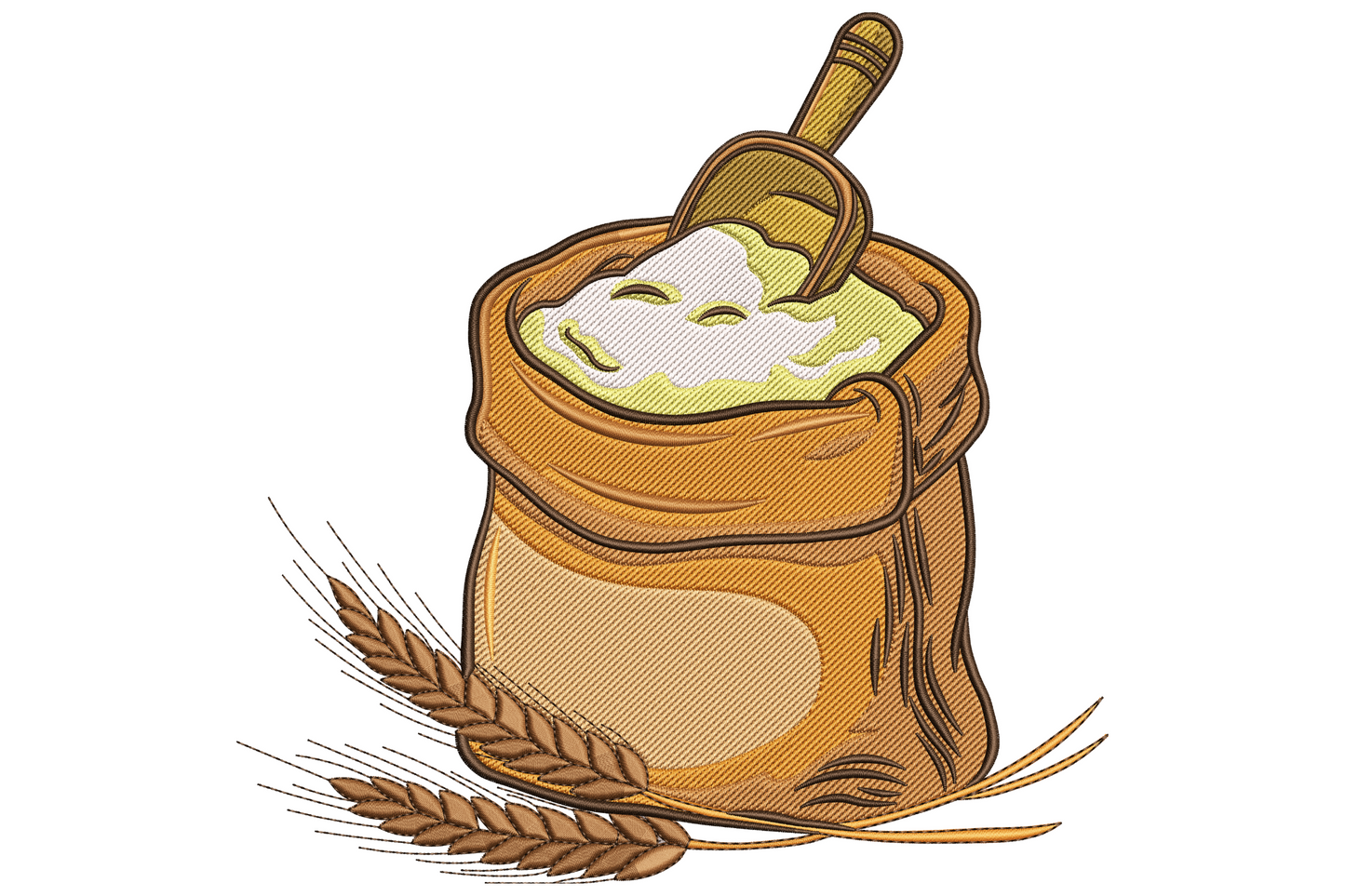 Burlap flour sack with wooden scoop spilling cream flour and golden wheat stalks across the front