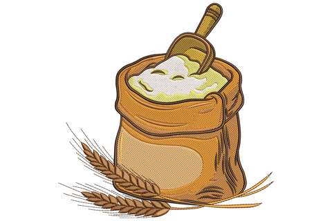 Burlap flour sack with wooden scoop spilling cream flour and golden wheat stalks across the front