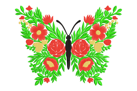 Floral butterfly embroidery, wings of red roses, orange daisies and green leaf sprigs in mirror symmetry, slim black body and antennae.