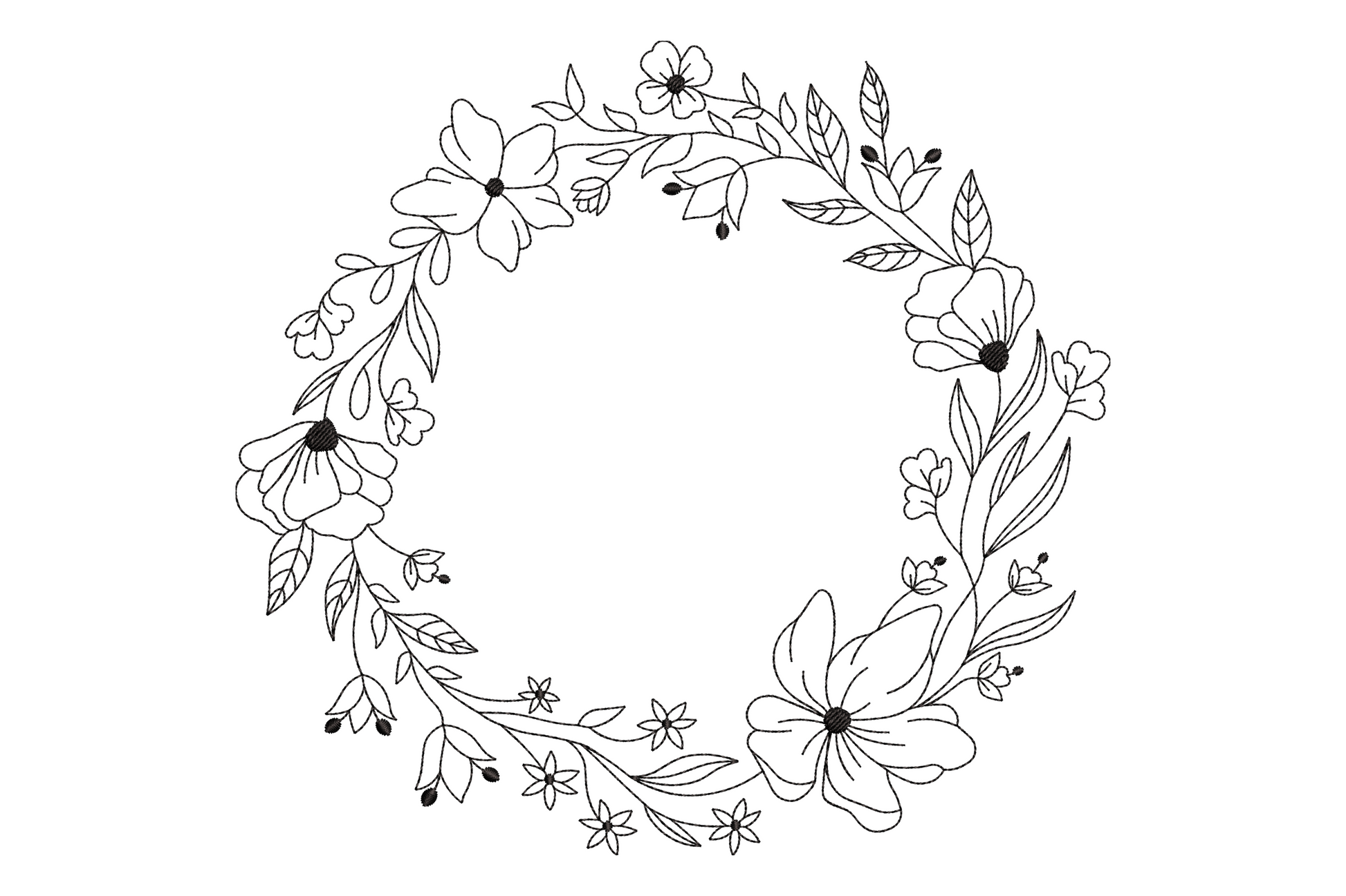 Circular botanical wreath frame of small flowers and leaves single colour line art embroidery, empty centre for monogram, balanced symmetrical composition