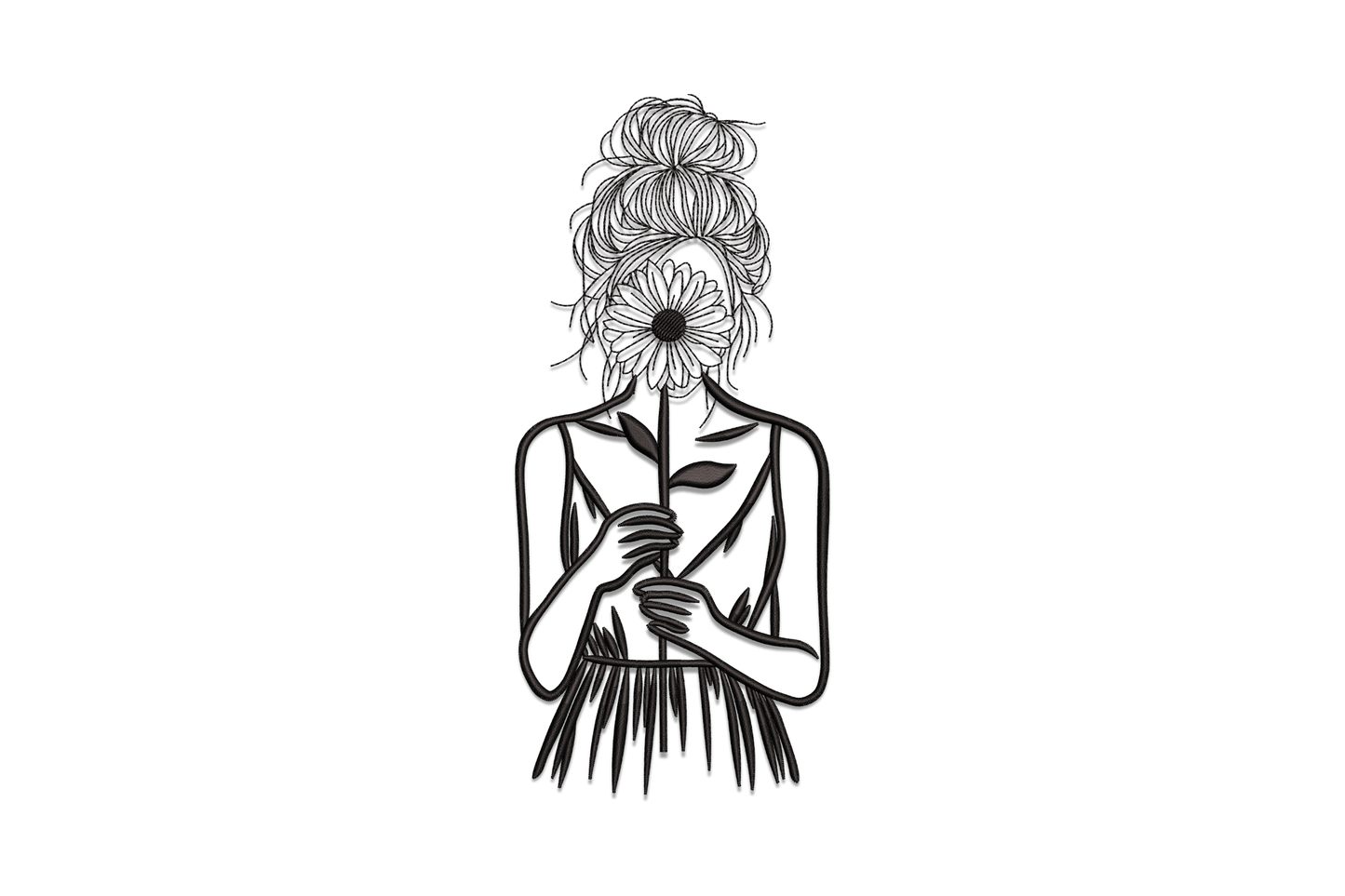 Flower face girl line art embroidery design, woman with daisy bloom as face holding stem, surrealist botanical single color black