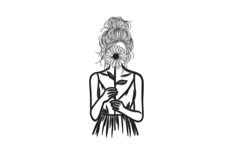 Flower face girl line art embroidery design, woman with daisy bloom as face holding stem, surrealist botanical single color black