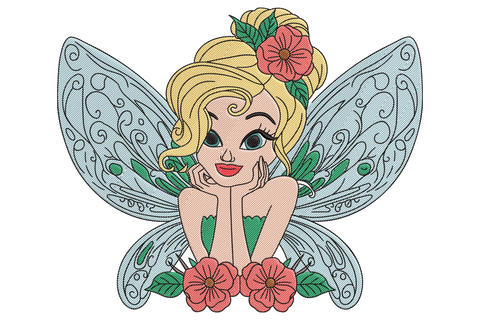 Flower Fairy embroidery design with blonde fairy resting on pink hibiscus and ornate translucent grey-blue wings