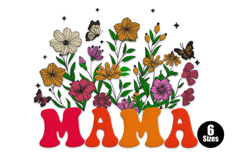 MAMA embroidery design, retro bubble letters red and orange, wildflowers and butterflies from each letter, 9 colours