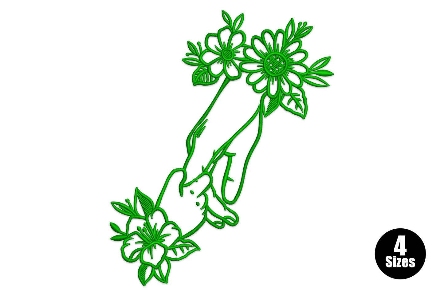 Hand holding daisy and sunflower stems with lily at wrist, botanical satin outline embroidery, single colour, 4 sizes