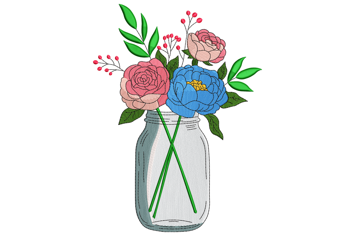 Flower jar bouquet embroidery, round glass jar with loose floral arrangement in dusty rose, sage green and cream, 11 colours.