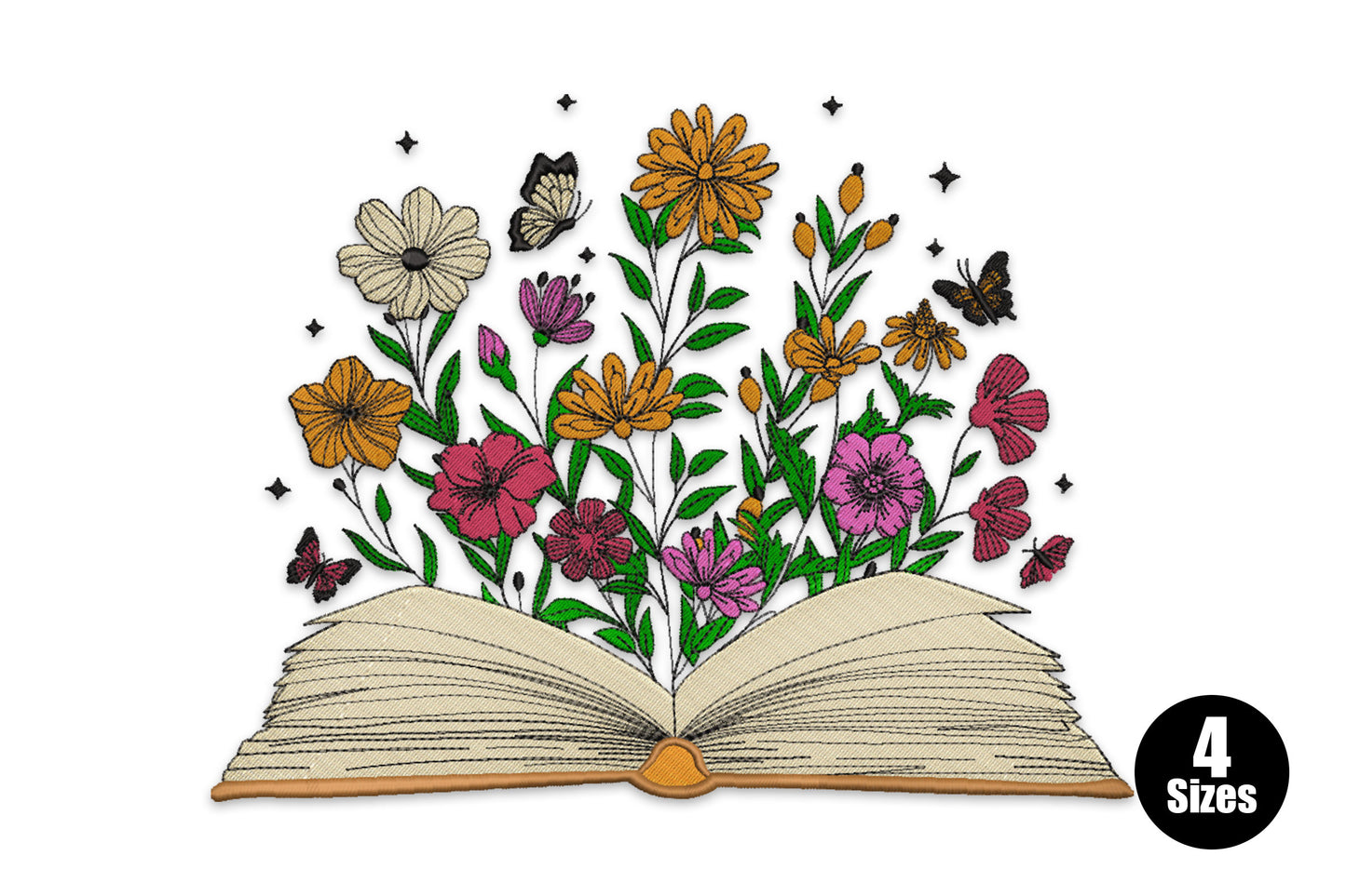 Embroidery of an open book with wildflowers, orange daisies, pink blooms, green stems and butterflies bursting upward from the pages.