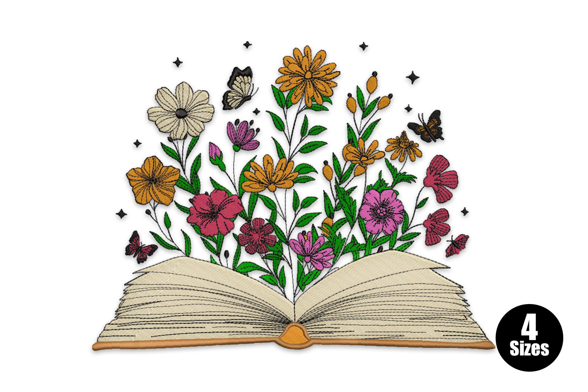 Embroidery of an open book with wildflowers, orange daisies, pink blooms, green stems and butterflies bursting upward from the pages.
