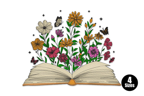 Embroidery of an open book with wildflowers, orange daisies, pink blooms, green stems and butterflies bursting upward from the pages.