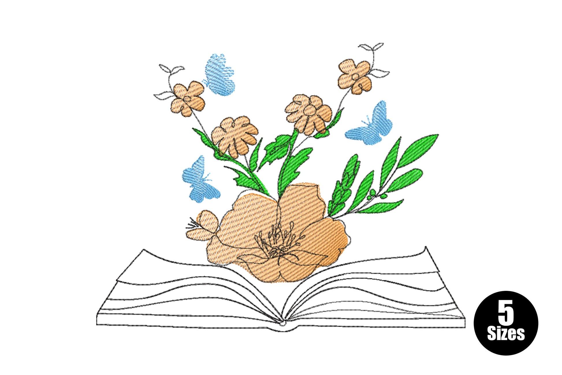 Reading girl embroidery surrounded by flowers and butterflies in dusty rose, sage green and cornflower blue outline style.