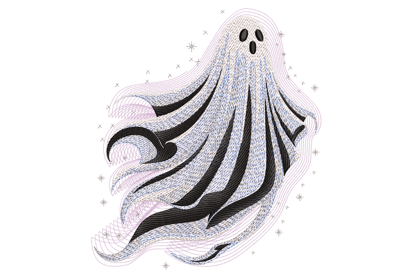 Flowing ghost Halloween embroidery design showing white ghost with long drifting tail body and simple oval eyes on light background.