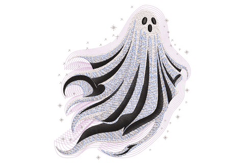 Flowing ghost Halloween embroidery design showing white ghost with long drifting tail body and simple oval eyes on light background.