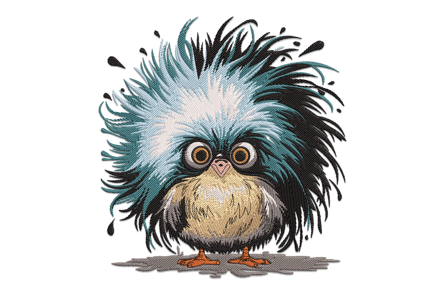 Round fluffy owl with wild teal and black feathers exploding outward, huge staring eyes and tiny beak, machine embroidery design on white background
