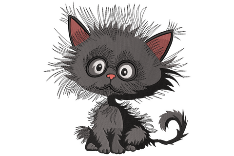 Wide-eyed fluffy black kitten with messy fur spikes pink nose and big round eyes embroidery design