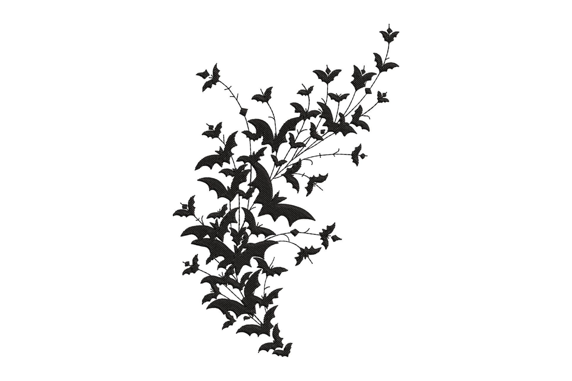Flying bats botanical Halloween embroidery, single colour bats and branches, 5 sizes 3.5 to 7.5 inches wide, gothic style