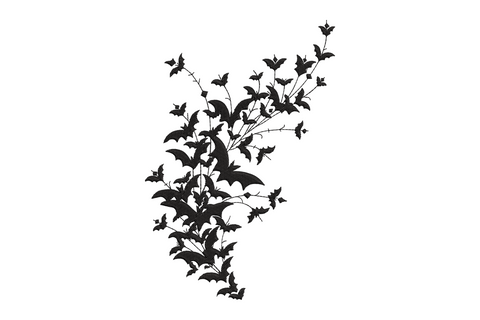 Flying bats botanical Halloween embroidery, single colour bats and branches, 5 sizes 3.5 to 7.5 inches wide, gothic style