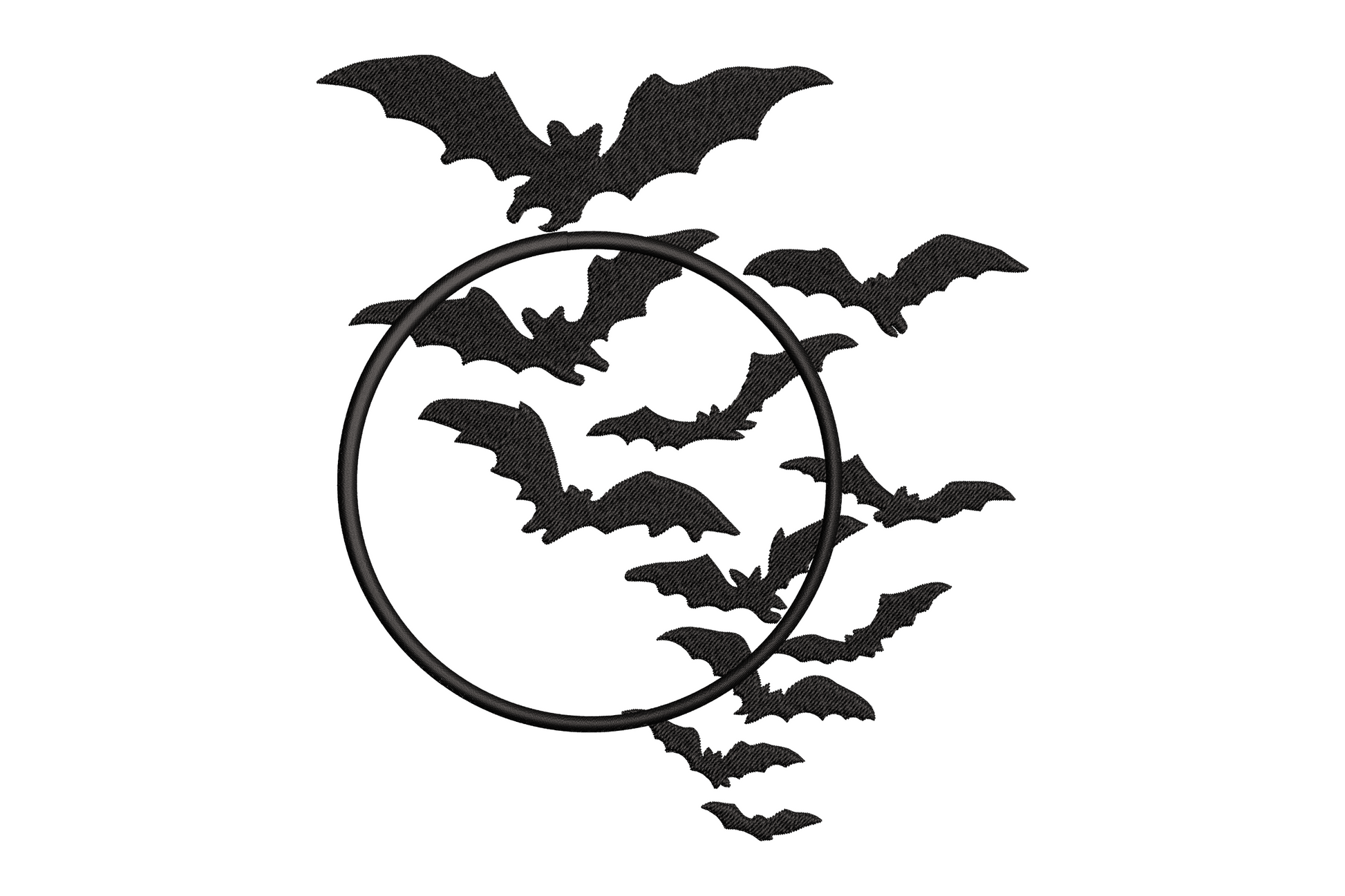 Bats flying in all directions around a circle frame embroidery, black thread, scattered dynamic composition, 5 sizes