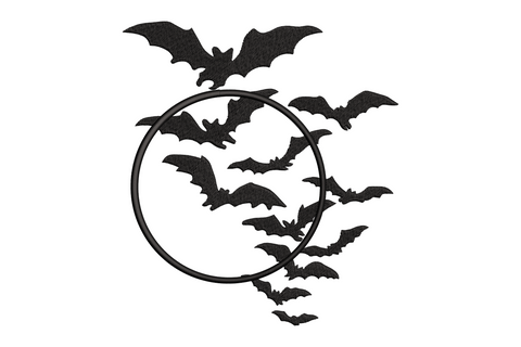 Bats flying in all directions around a circle frame embroidery, black thread, scattered dynamic composition, 5 sizes