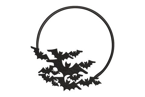 Halloween circle frame embroidery with bat cluster at base, single black thread, clean ring design, 6 sizes