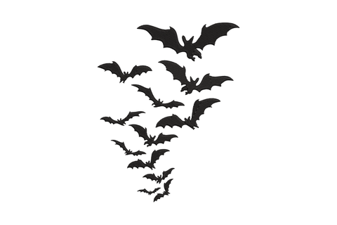 Five black silhouette bats in flight clustered in loose diamond formation, pointed ears, scallop wings, varying angles, bold halloween motif single colour fill.