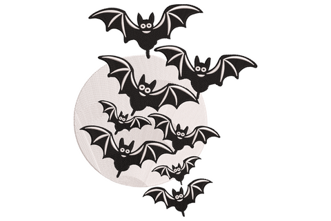 Seven cartoon bats with big white eyes flying around a pale grey moon, spooky cute Halloween embroidery design