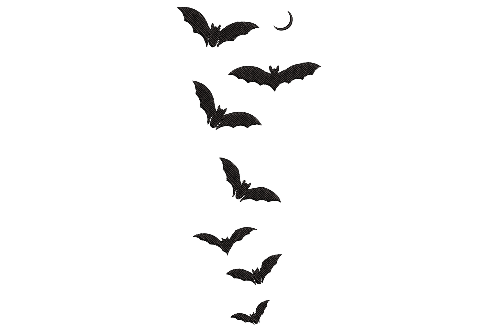 Flying bats halloween embroidery design, vertical stack of bat silhouettes in flight, single colour, 1.58 by 3.5 inches tall narrow format, seasonal machine embroidery.