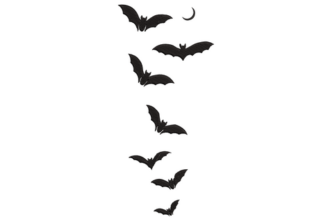 Flying bats halloween embroidery design, vertical stack of bat silhouettes in flight, single colour, 1.58 by 3.5 inches tall narrow format, seasonal machine embroidery.