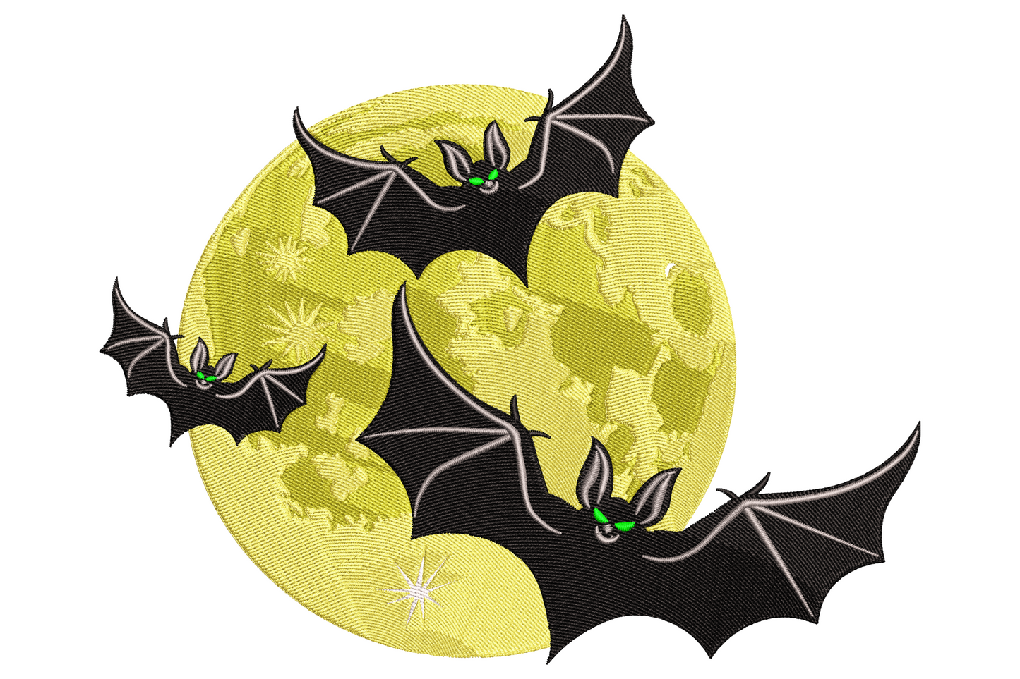 Flying bats moon halloween embroidery with three black bats crossing a large textured yellow full moon, green glowing eyes and tiny spider detail.