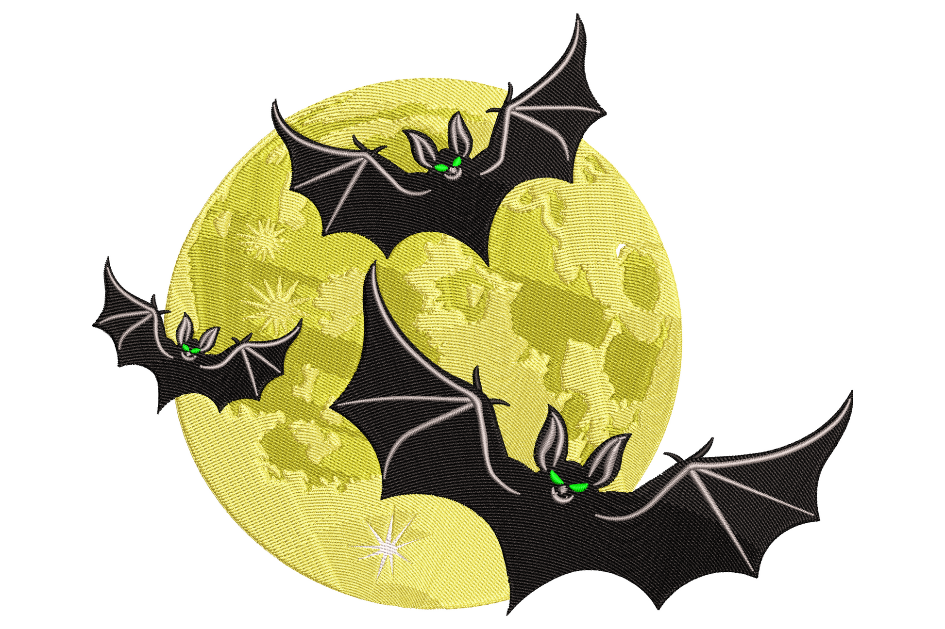 Flying bats moon halloween embroidery with three black bats crossing a large textured yellow full moon, green glowing eyes and tiny spider detail.